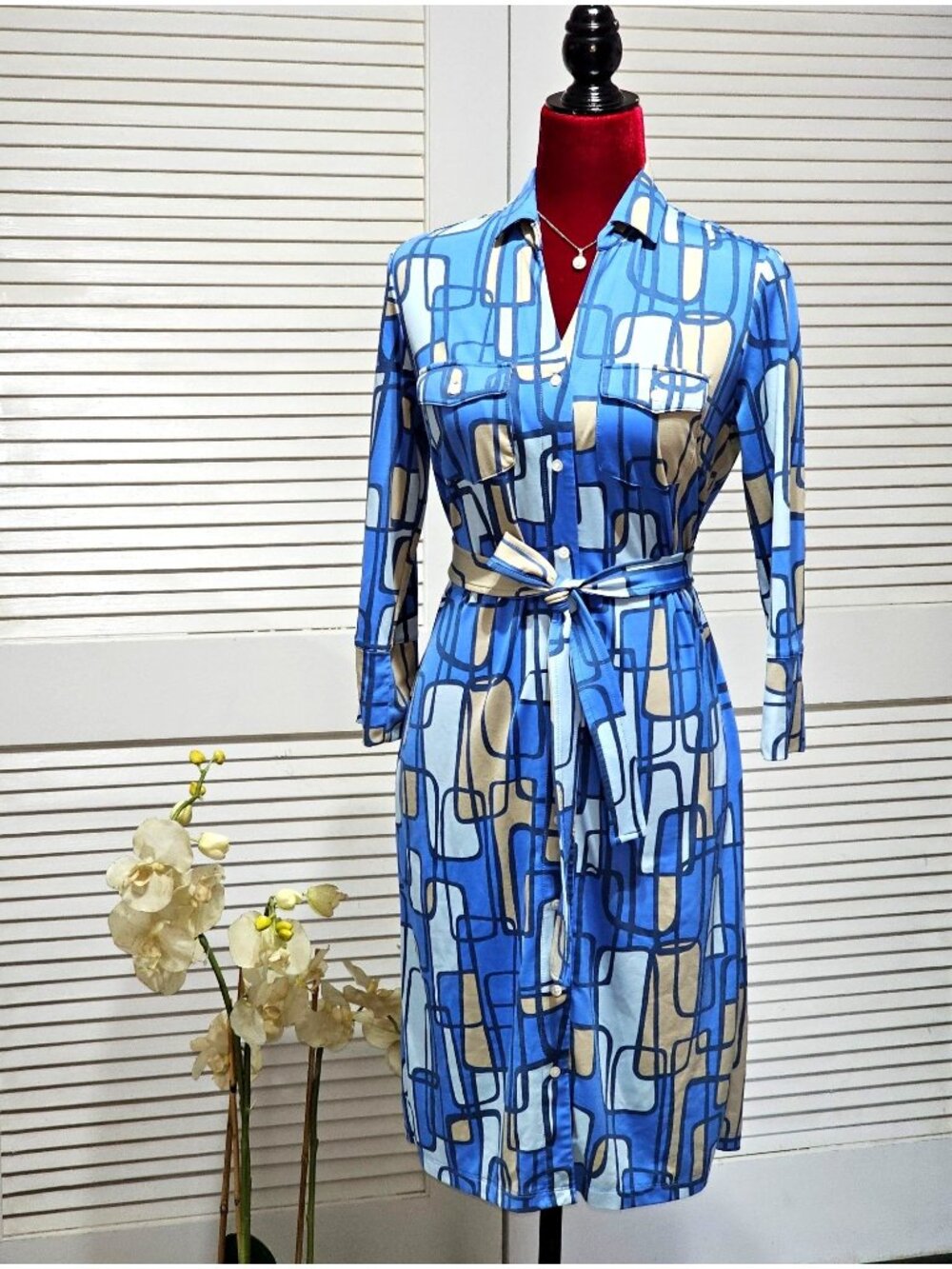 J. McLaughlin Women's Blue / Beige Geometric Pattern Button-Front Dress Sz S 204
